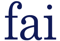 The word 'fai' in dark blue serif font against a dark grey background.